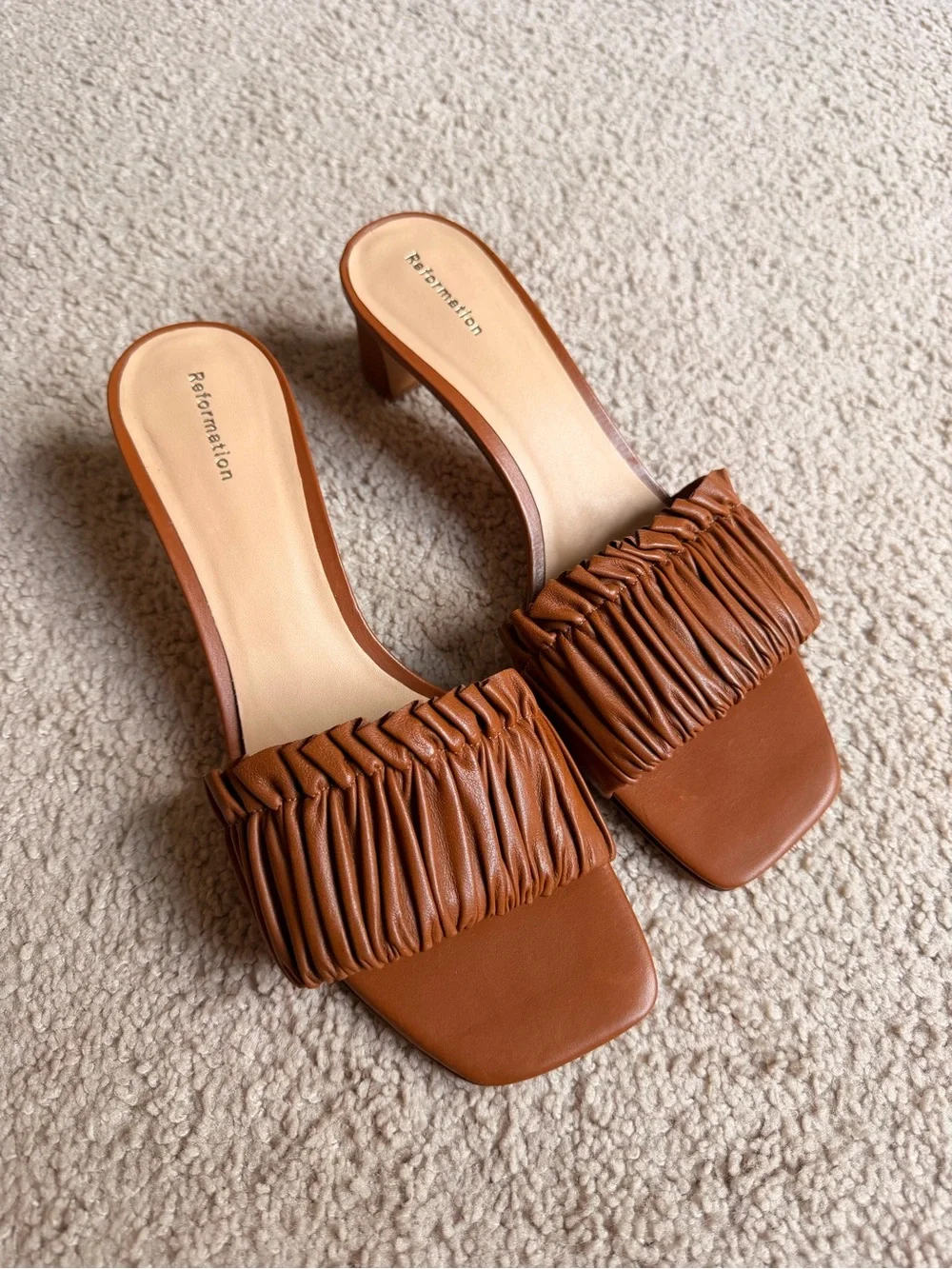 Reformation Shereen Ruched Block Heel in Pecan